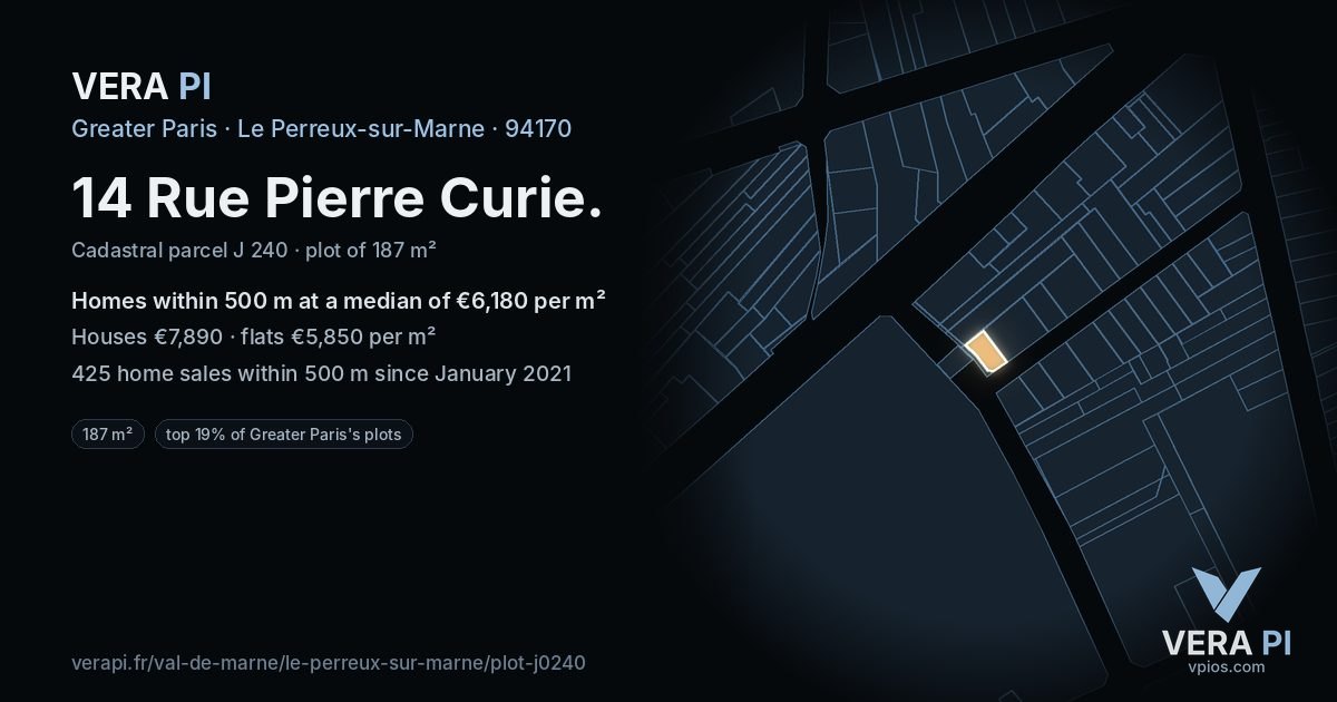 14 Rue Pierre Curie, Le Perreux-sur-Marne at night – the plot lit, the parcels around coloured by the prices near them