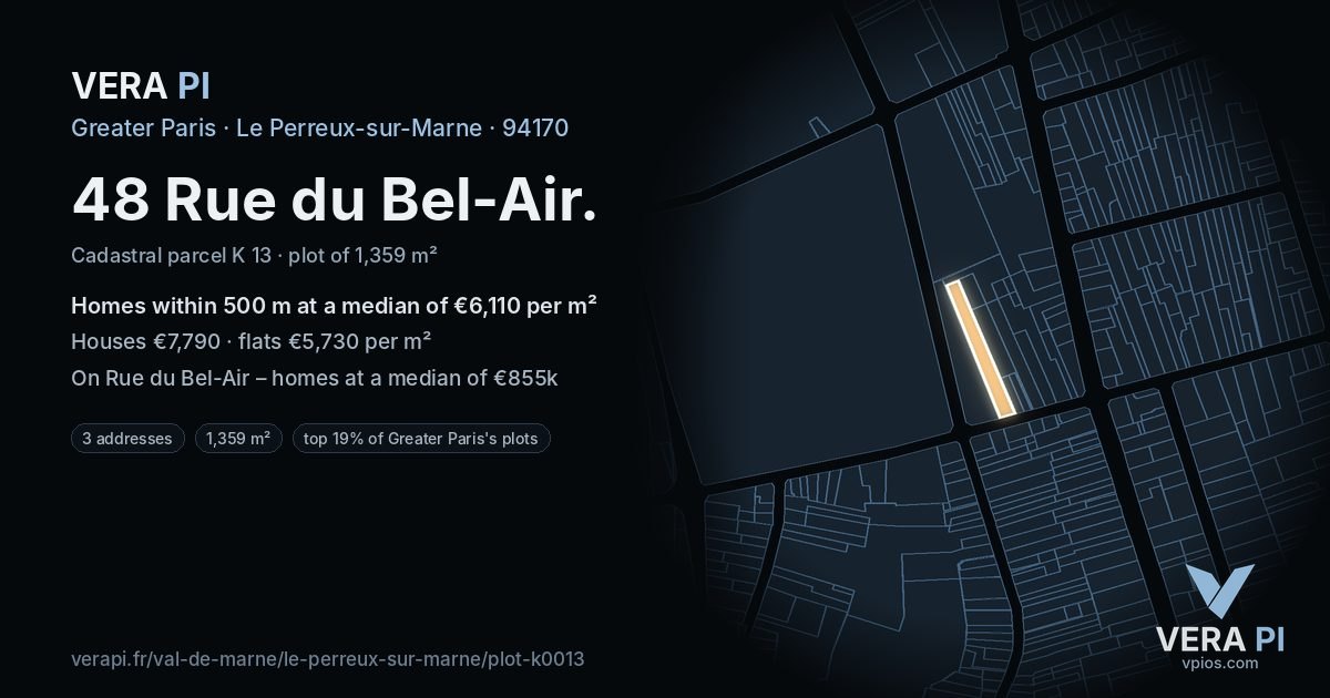 48 Rue du Bel-Air, Le Perreux-sur-Marne at night – the plot lit, the parcels around coloured by the prices near them