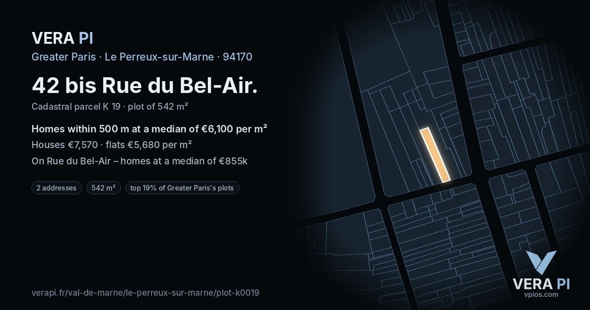 42 bis Rue du Bel-Air, Le Perreux-sur-Marne at night – the plot lit, the parcels around coloured by the prices near them