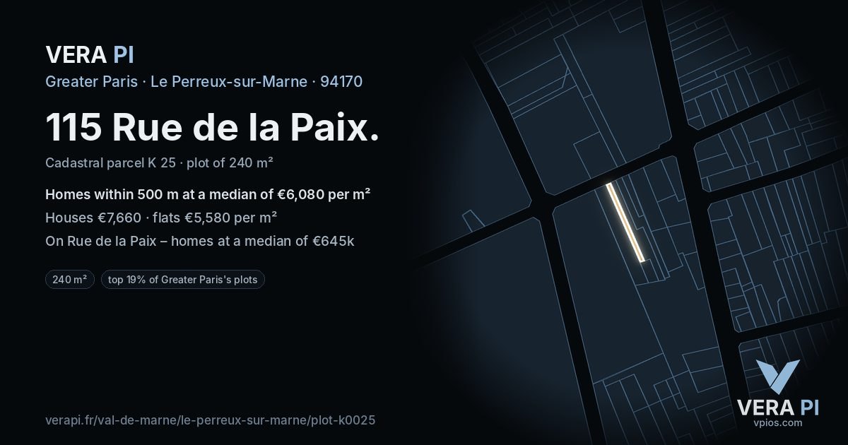 115 Rue de la Paix, Le Perreux-sur-Marne at night – the plot lit, the parcels around coloured by the prices near them