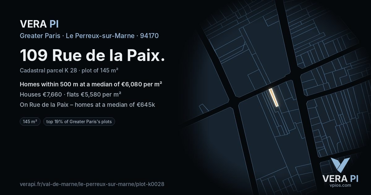 109 Rue de la Paix, Le Perreux-sur-Marne at night – the plot lit, the parcels around coloured by the prices near them