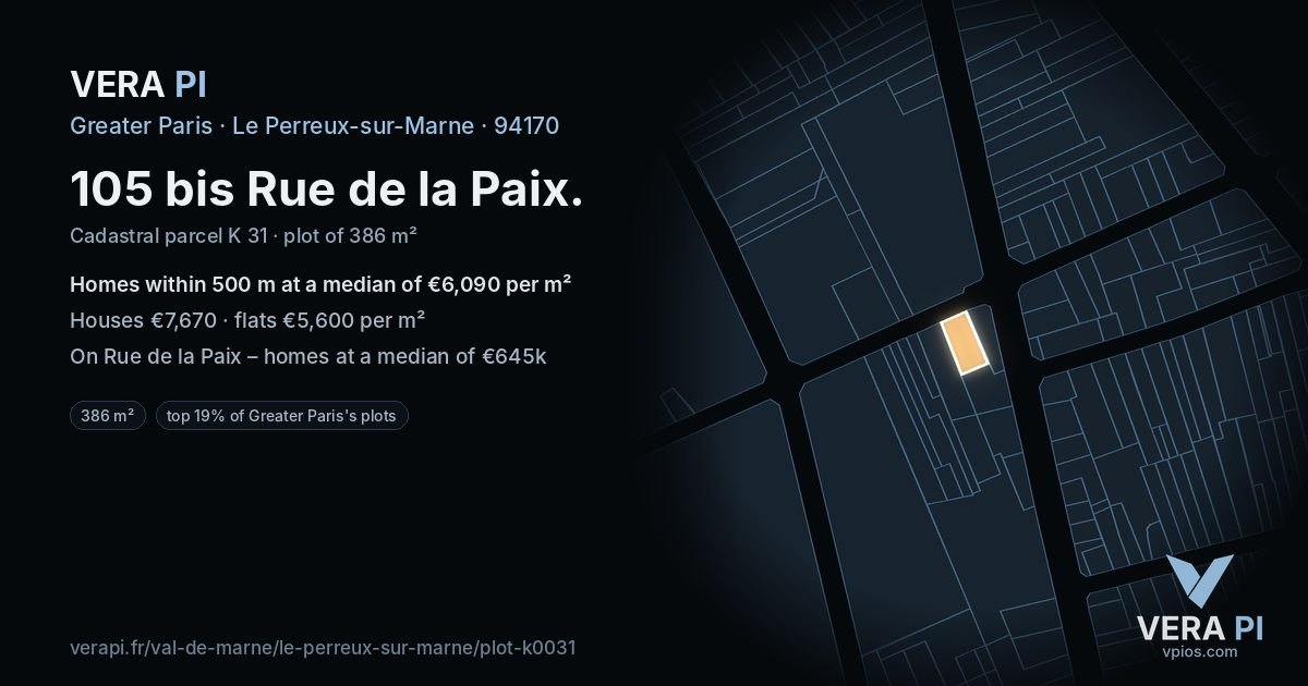 105 bis Rue de la Paix, Le Perreux-sur-Marne at night – the plot lit, the parcels around coloured by the prices near them