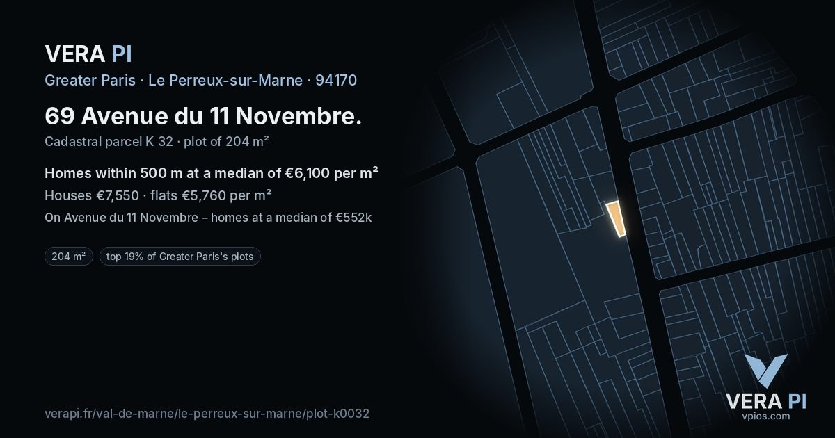 69 Avenue du 11 Novembre, Le Perreux-sur-Marne at night – the plot lit, the parcels around coloured by the prices near them