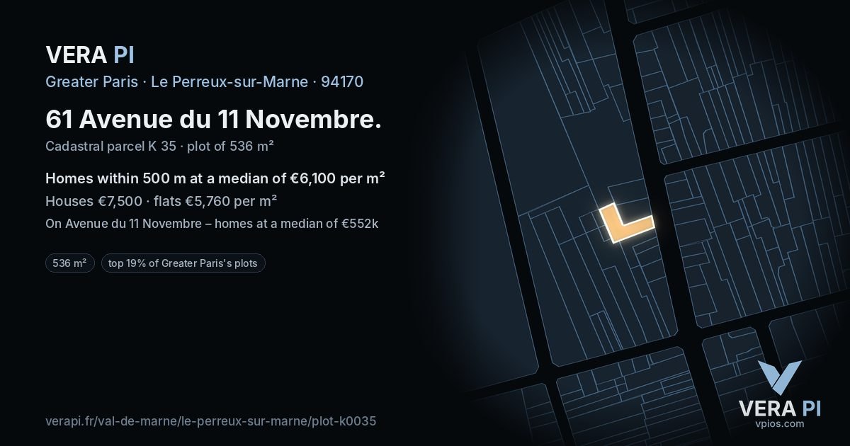 61 Avenue du 11 Novembre, Le Perreux-sur-Marne at night – the plot lit, the parcels around coloured by the prices near them
