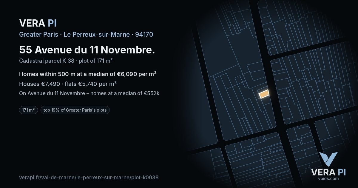 55 Avenue du 11 Novembre, Le Perreux-sur-Marne at night – the plot lit, the parcels around coloured by the prices near them
