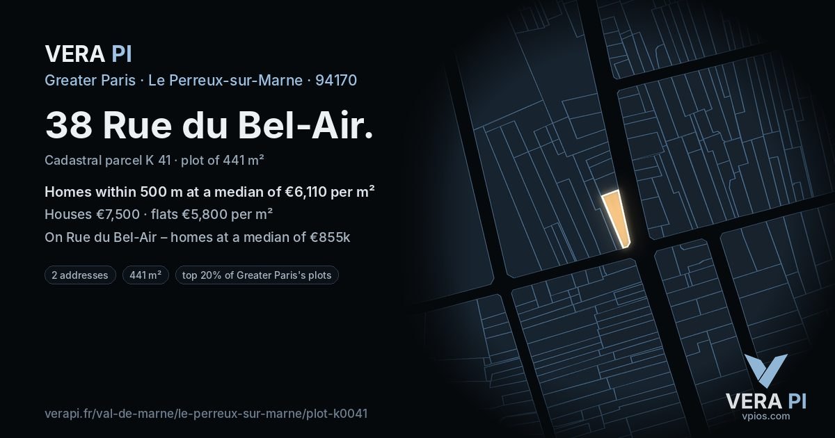 38 Rue du Bel-Air, Le Perreux-sur-Marne at night – the plot lit, the parcels around coloured by the prices near them