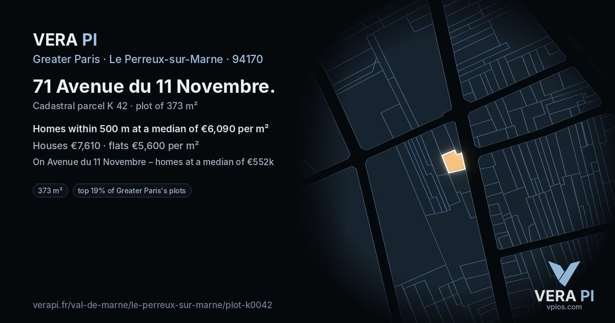 71 Avenue du 11 Novembre, Le Perreux-sur-Marne at night – the plot lit, the parcels around coloured by the prices near them