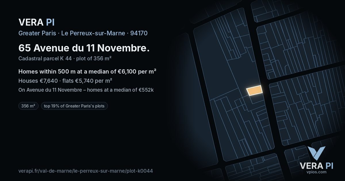 65 Avenue du 11 Novembre, Le Perreux-sur-Marne at night – the plot lit, the parcels around coloured by the prices near them
