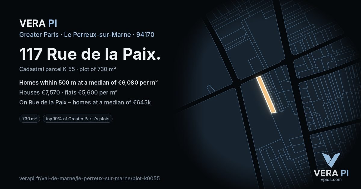 117 Rue de la Paix, Le Perreux-sur-Marne at night – the plot lit, the parcels around coloured by the prices near them