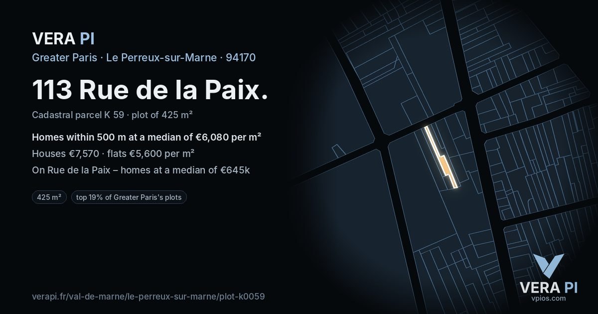 113 Rue de la Paix, Le Perreux-sur-Marne at night – the plot lit, the parcels around coloured by the prices near them