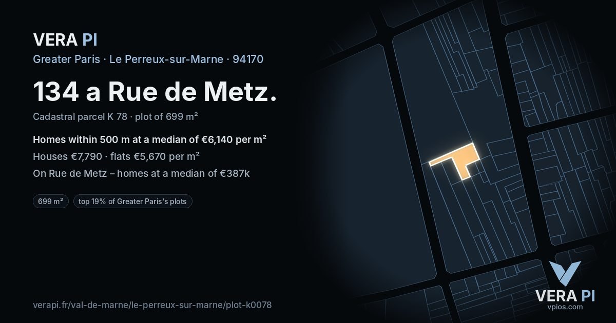 134 a Rue de Metz, Le Perreux-sur-Marne at night – the plot lit, the parcels around coloured by the prices near them