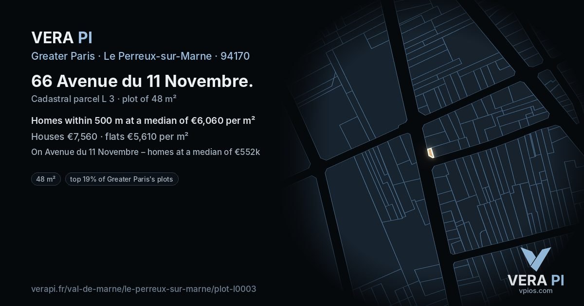 66 Avenue du 11 Novembre, Le Perreux-sur-Marne at night – the plot lit, the parcels around coloured by the prices near them