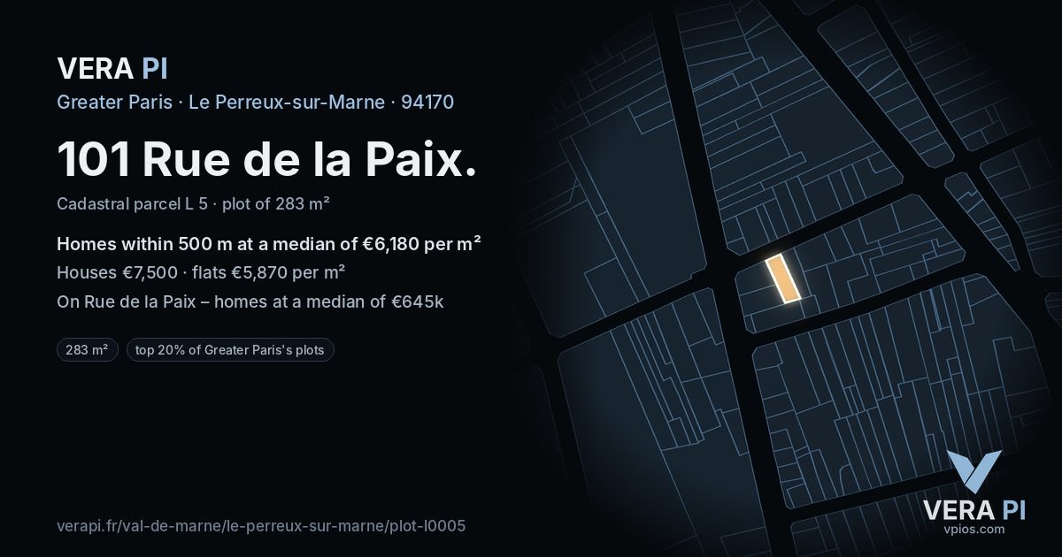 101 Rue de la Paix, Le Perreux-sur-Marne at night – the plot lit, the parcels around coloured by the prices near them