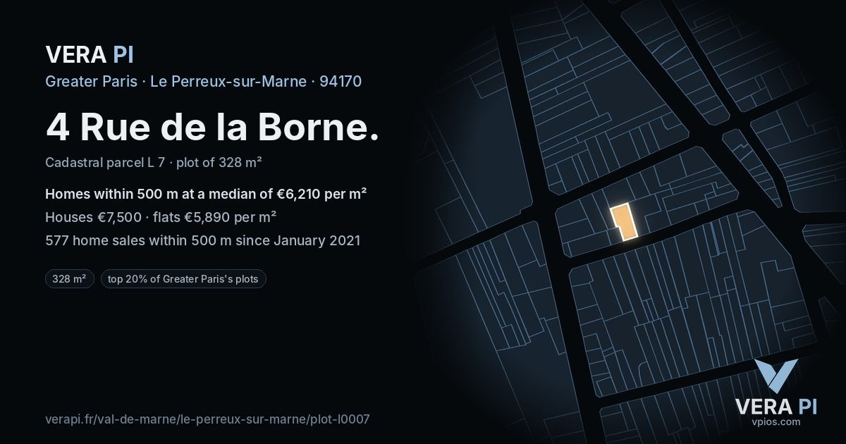 4 Rue de la Borne, Le Perreux-sur-Marne at night – the plot lit, the parcels around coloured by the prices near them