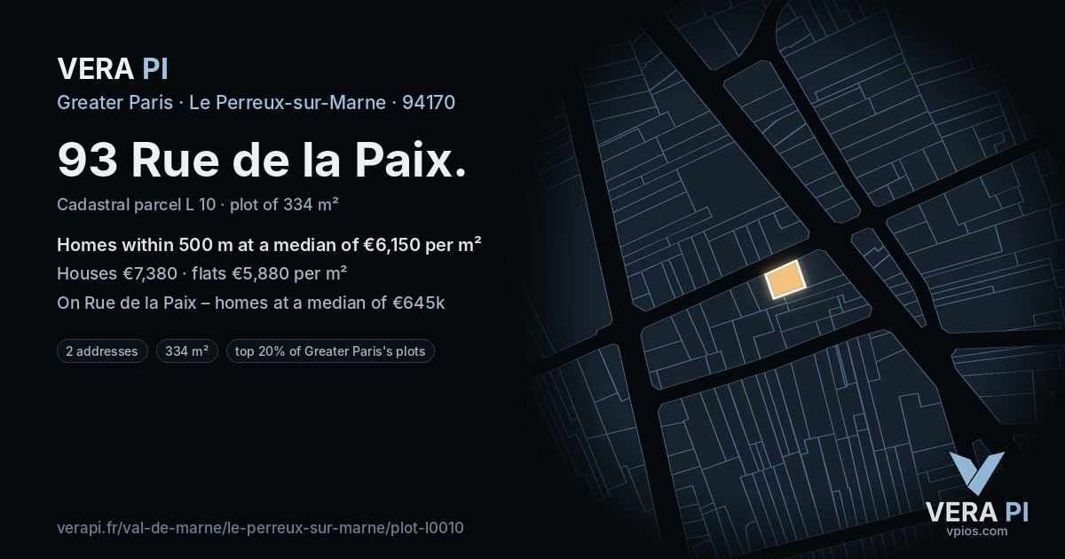93 Rue de la Paix, Le Perreux-sur-Marne at night – the plot lit, the parcels around coloured by the prices near them