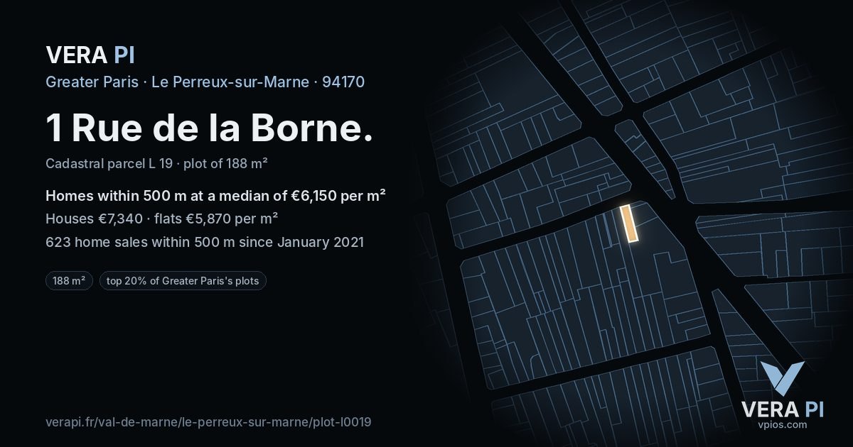 1 Rue de la Borne, Le Perreux-sur-Marne at night – the plot lit, the parcels around coloured by the prices near them
