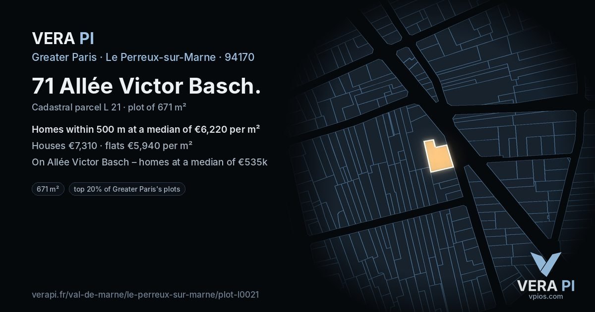 71 Allée Victor Basch, Le Perreux-sur-Marne at night – the plot lit, the parcels around coloured by the prices near them