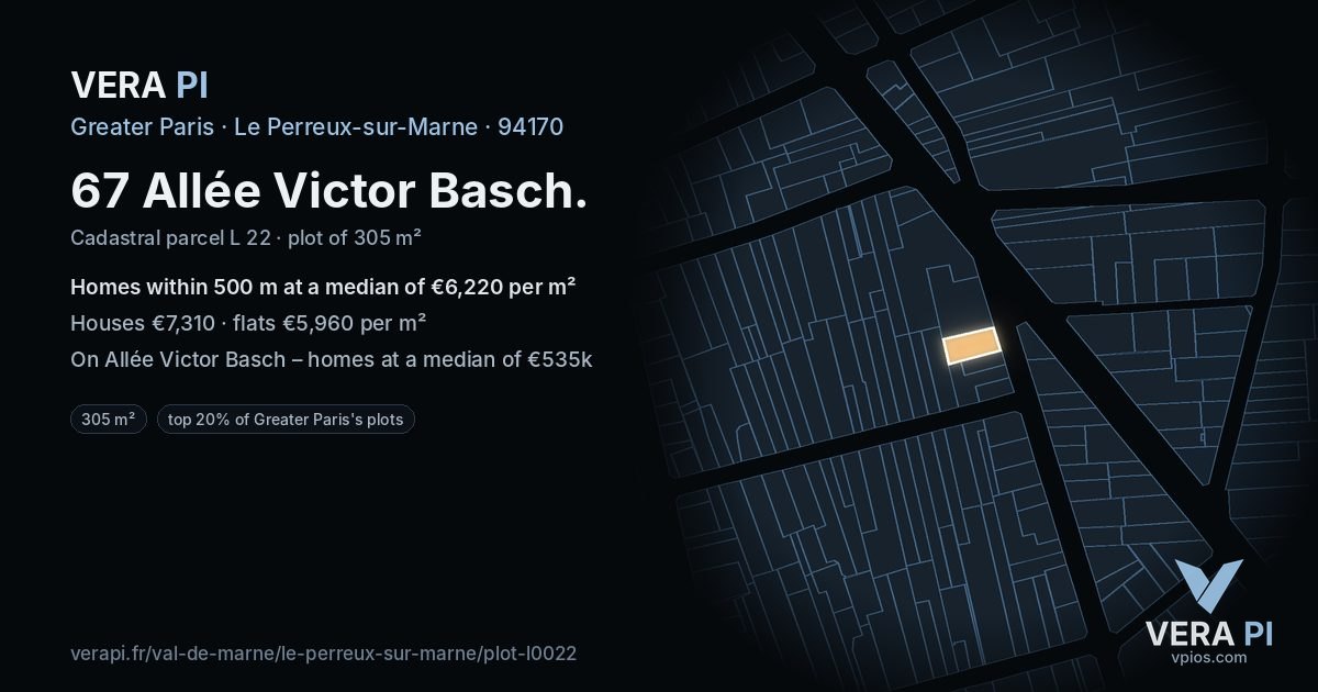 67 Allée Victor Basch, Le Perreux-sur-Marne at night – the plot lit, the parcels around coloured by the prices near them