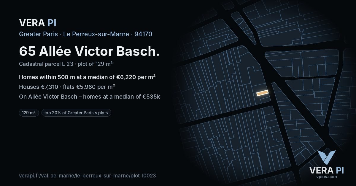 65 Allée Victor Basch, Le Perreux-sur-Marne at night – the plot lit, the parcels around coloured by the prices near them