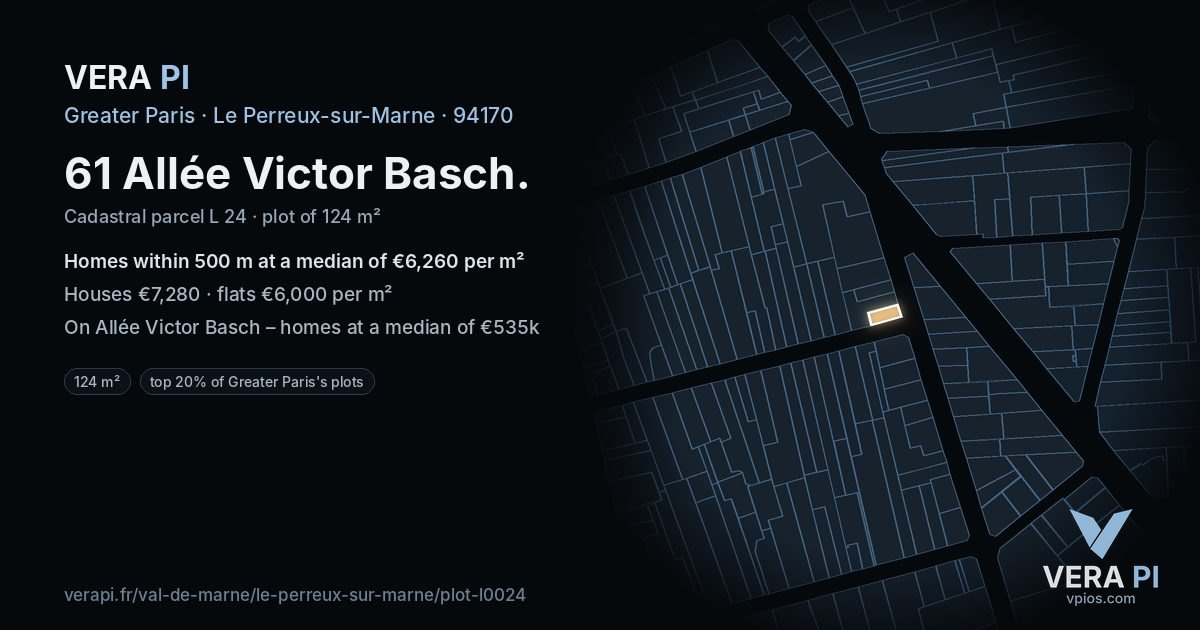 61 Allée Victor Basch, Le Perreux-sur-Marne at night – the plot lit, the parcels around coloured by the prices near them