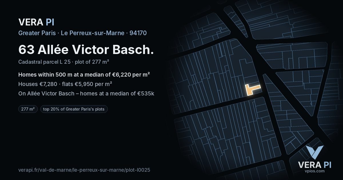 63 Allée Victor Basch, Le Perreux-sur-Marne at night – the plot lit, the parcels around coloured by the prices near them
