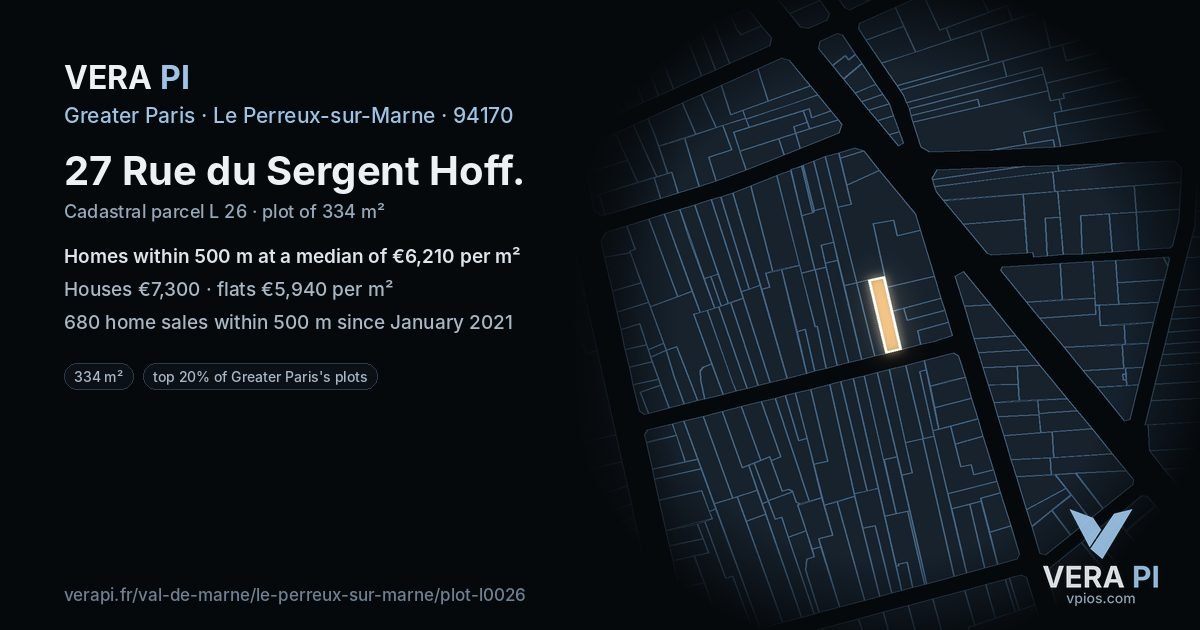 27 Rue du Sergent Hoff, Le Perreux-sur-Marne at night – the plot lit, the parcels around coloured by the prices near them