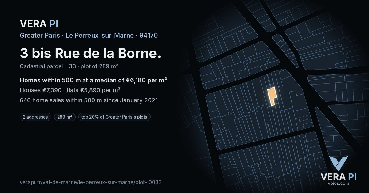 3 bis Rue de la Borne, Le Perreux-sur-Marne at night – the plot lit, the parcels around coloured by the prices near them