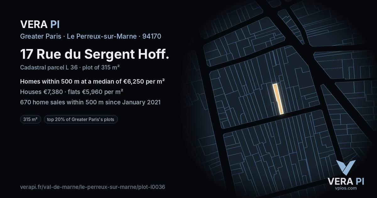 17 Rue du Sergent Hoff, Le Perreux-sur-Marne at night – the plot lit, the parcels around coloured by the prices near them