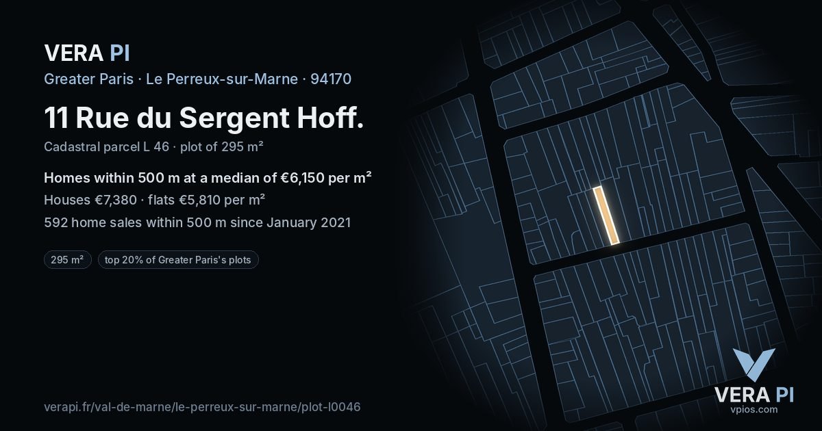 11 Rue du Sergent Hoff, Le Perreux-sur-Marne at night – the plot lit, the parcels around coloured by the prices near them