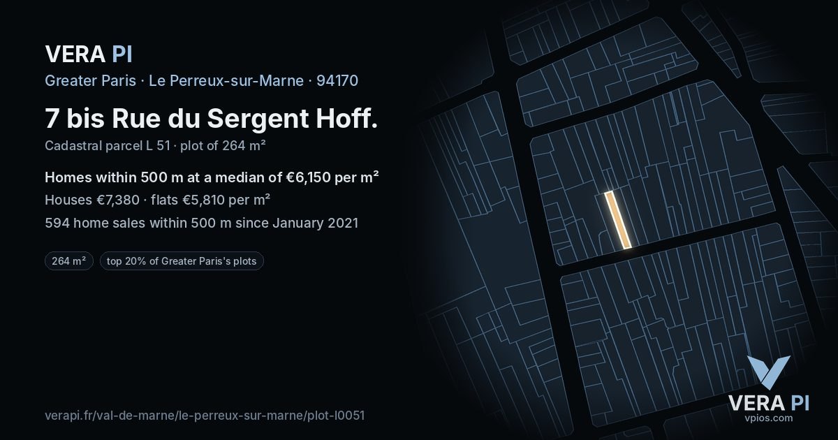 7 bis Rue du Sergent Hoff, Le Perreux-sur-Marne at night – the plot lit, the parcels around coloured by the prices near them