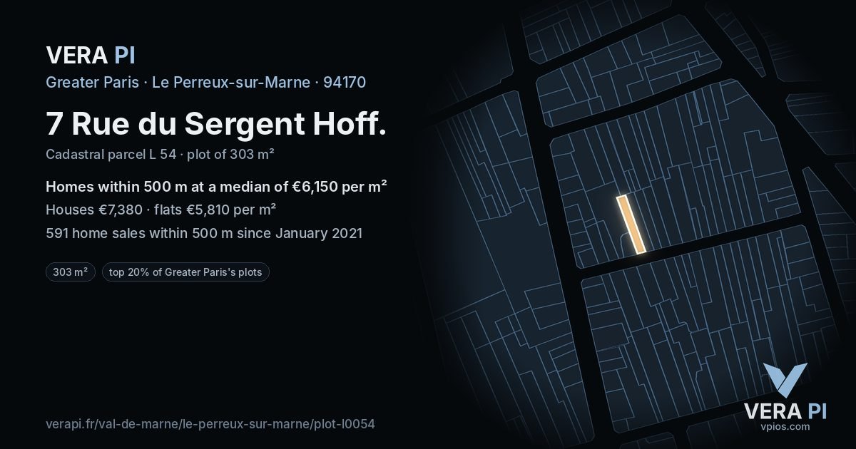 7 Rue du Sergent Hoff, Le Perreux-sur-Marne at night – the plot lit, the parcels around coloured by the prices near them