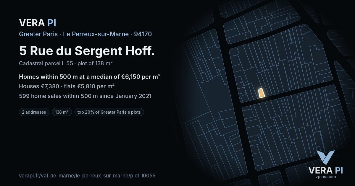 5 Rue du Sergent Hoff, Le Perreux-sur-Marne at night – the plot lit, the parcels around coloured by the prices near them
