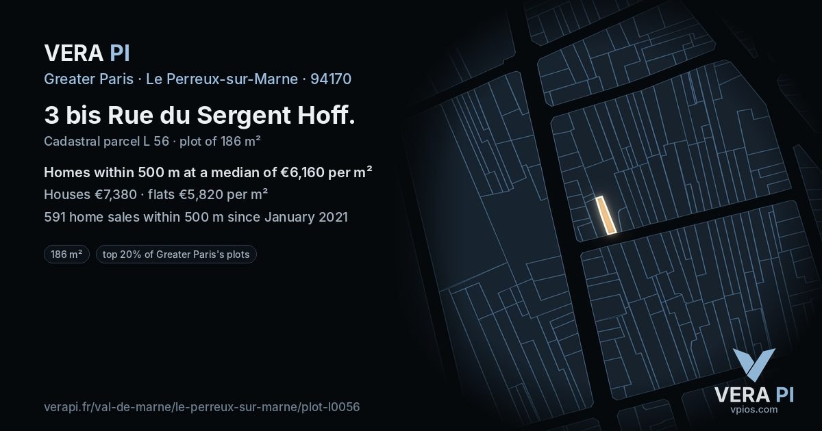 3 bis Rue du Sergent Hoff, Le Perreux-sur-Marne at night – the plot lit, the parcels around coloured by the prices near them