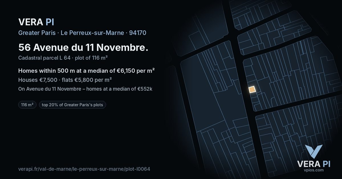56 Avenue du 11 Novembre, Le Perreux-sur-Marne at night – the plot lit, the parcels around coloured by the prices near them