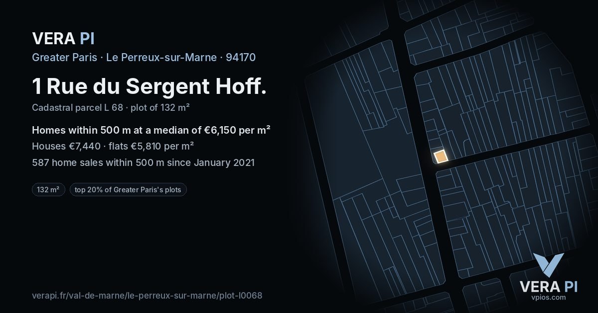 1 Rue du Sergent Hoff, Le Perreux-sur-Marne at night – the plot lit, the parcels around coloured by the prices near them