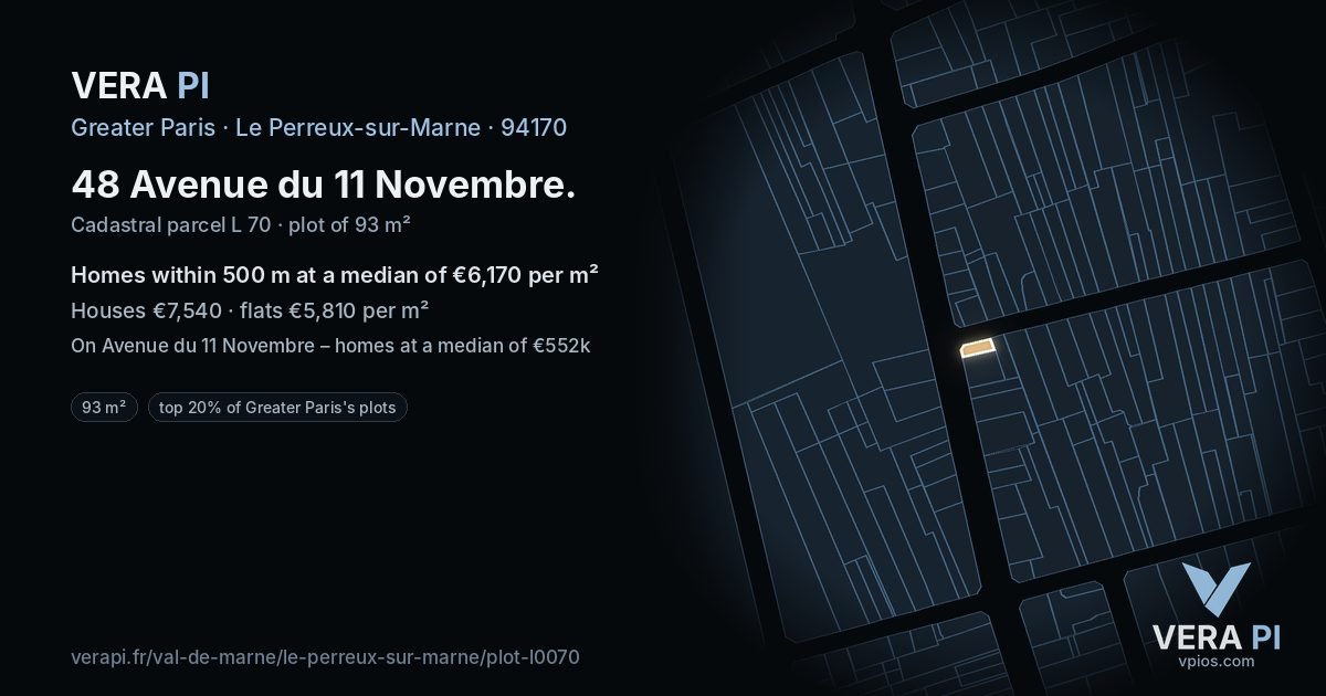 48 Avenue du 11 Novembre, Le Perreux-sur-Marne at night – the plot lit, the parcels around coloured by the prices near them