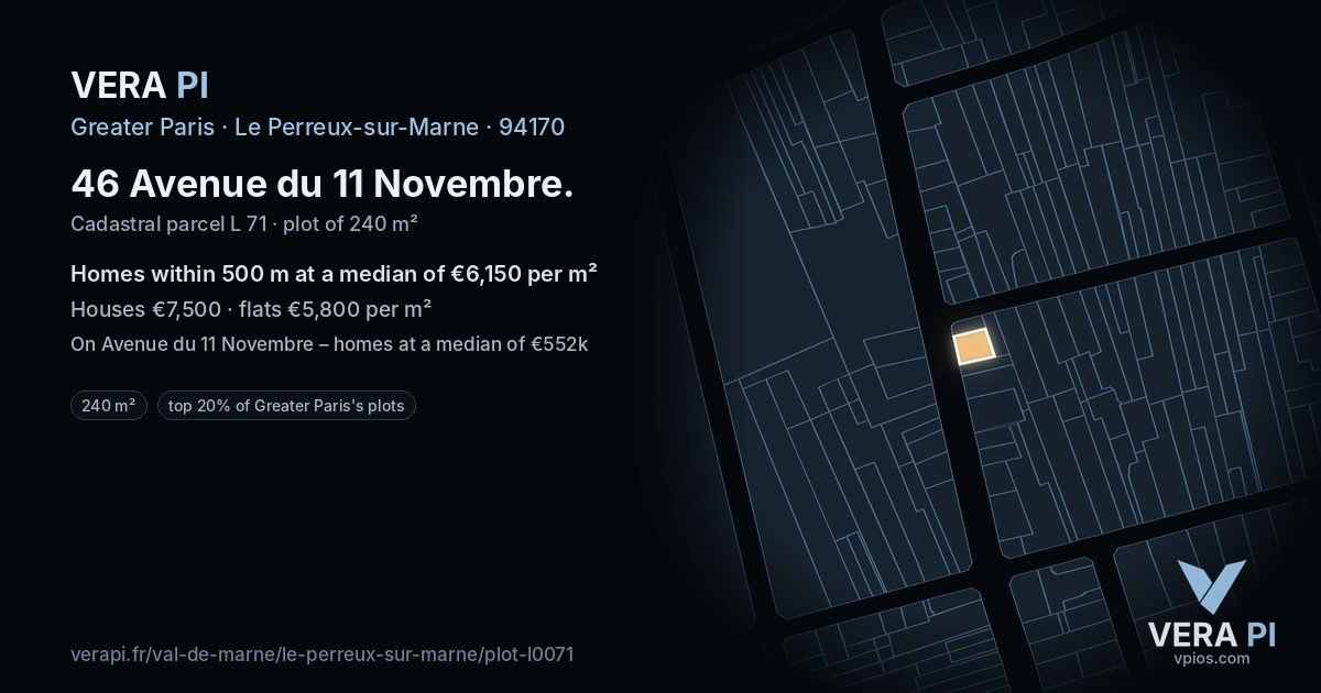46 Avenue du 11 Novembre, Le Perreux-sur-Marne at night – the plot lit, the parcels around coloured by the prices near them
