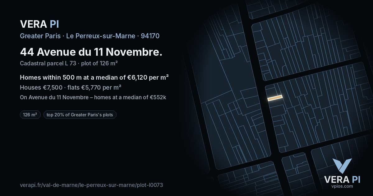 44 Avenue du 11 Novembre, Le Perreux-sur-Marne at night – the plot lit, the parcels around coloured by the prices near them