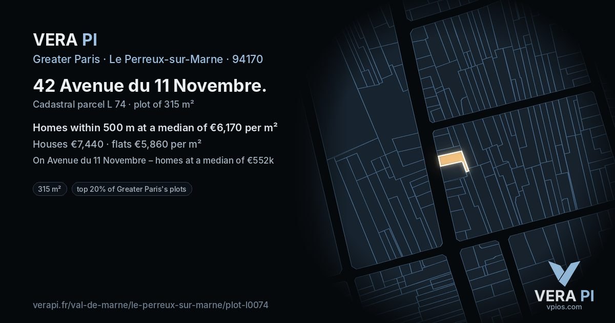 42 Avenue du 11 Novembre, Le Perreux-sur-Marne at night – the plot lit, the parcels around coloured by the prices near them