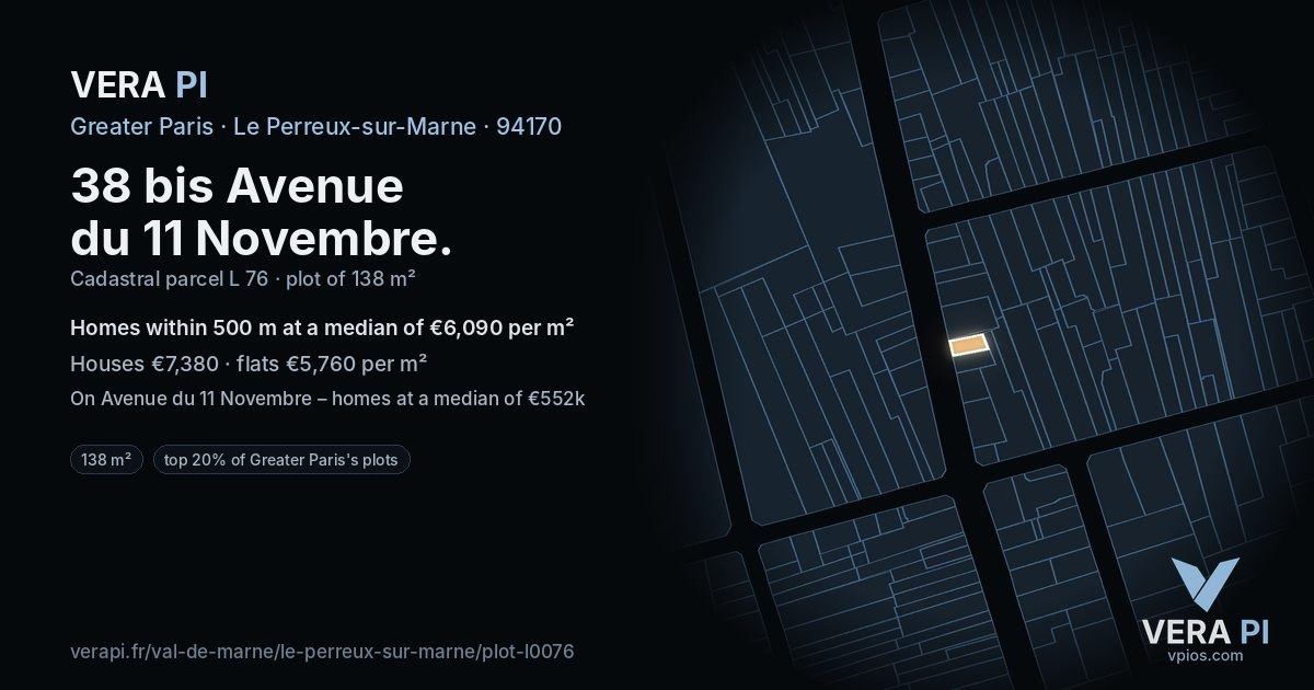 38 bis Avenue du 11 Novembre, Le Perreux-sur-Marne at night – the plot lit, the parcels around coloured by the prices near them