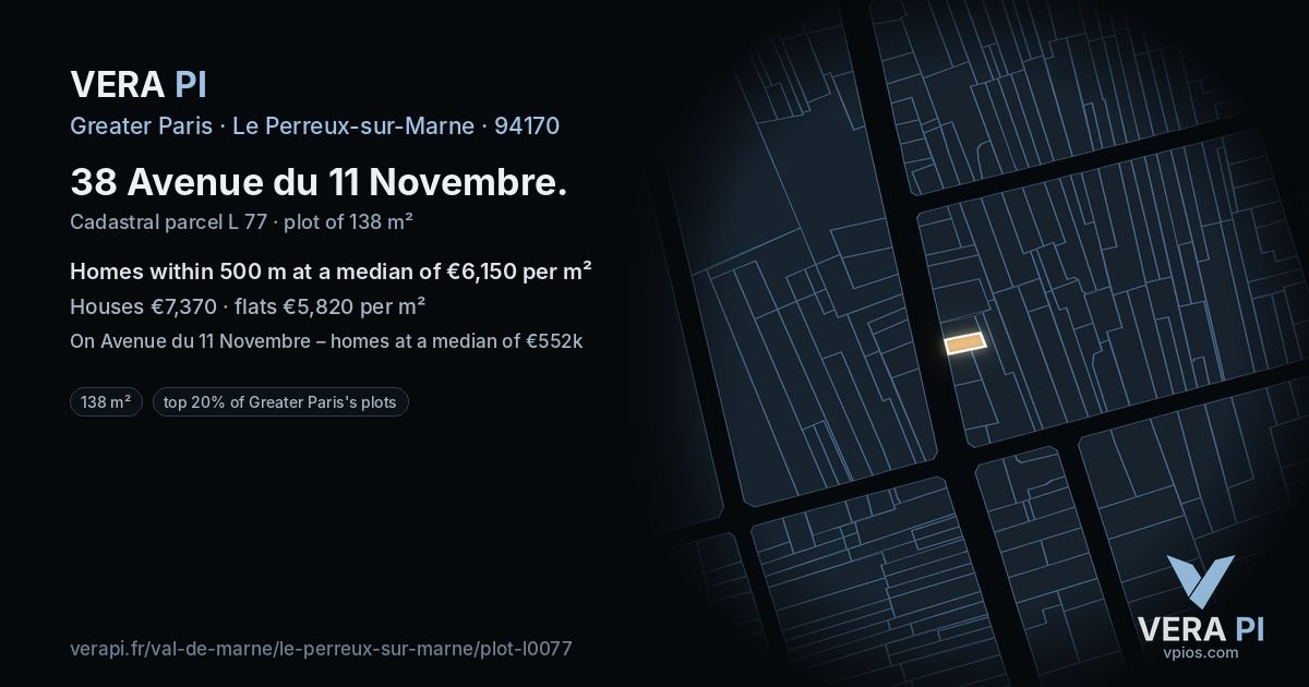 38 Avenue du 11 Novembre, Le Perreux-sur-Marne at night – the plot lit, the parcels around coloured by the prices near them