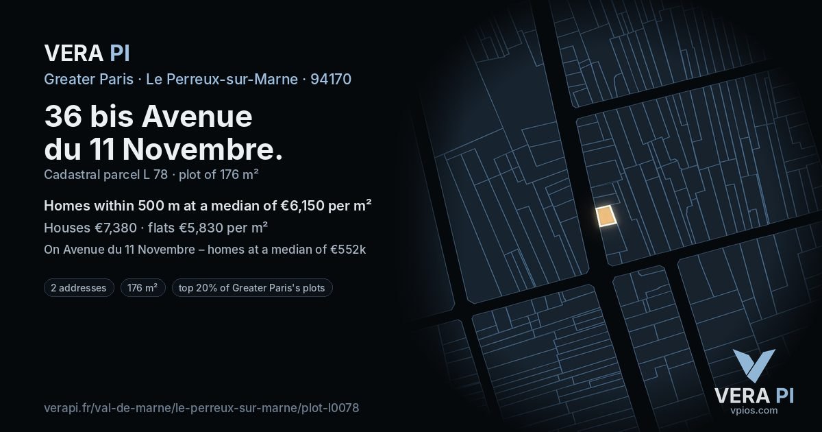 36 bis Avenue du 11 Novembre, Le Perreux-sur-Marne at night – the plot lit, the parcels around coloured by the prices near them
