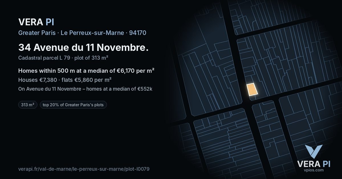 34 Avenue du 11 Novembre, Le Perreux-sur-Marne at night – the plot lit, the parcels around coloured by the prices near them