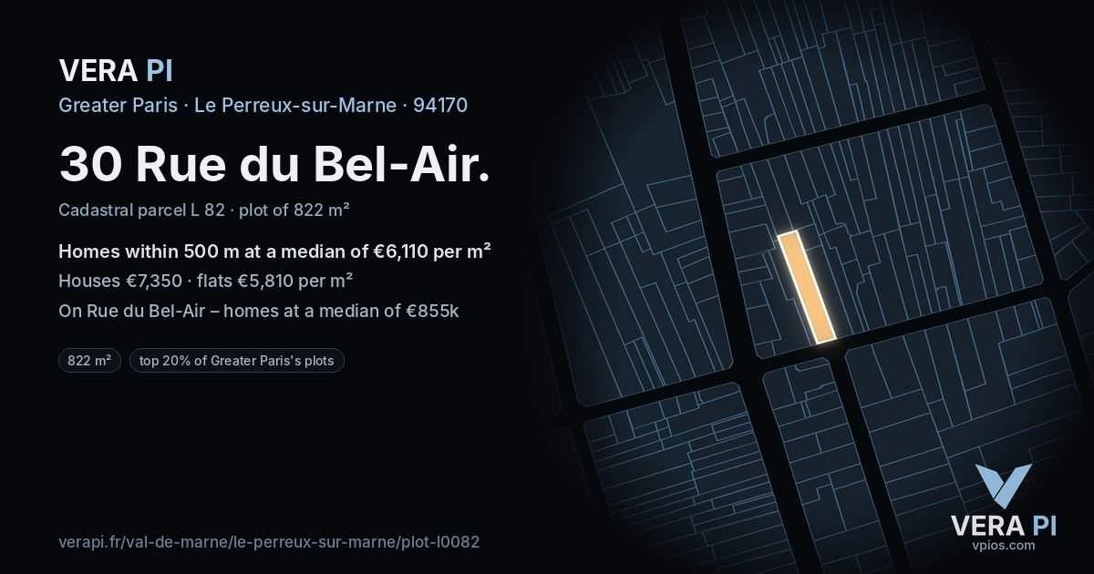 30 Rue du Bel-Air, Le Perreux-sur-Marne at night – the plot lit, the parcels around coloured by the prices near them