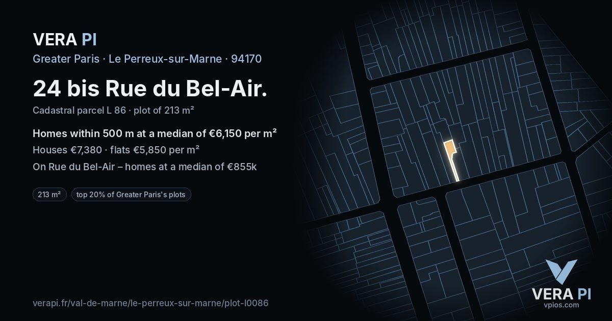 24 bis Rue du Bel-Air, Le Perreux-sur-Marne at night – the plot lit, the parcels around coloured by the prices near them