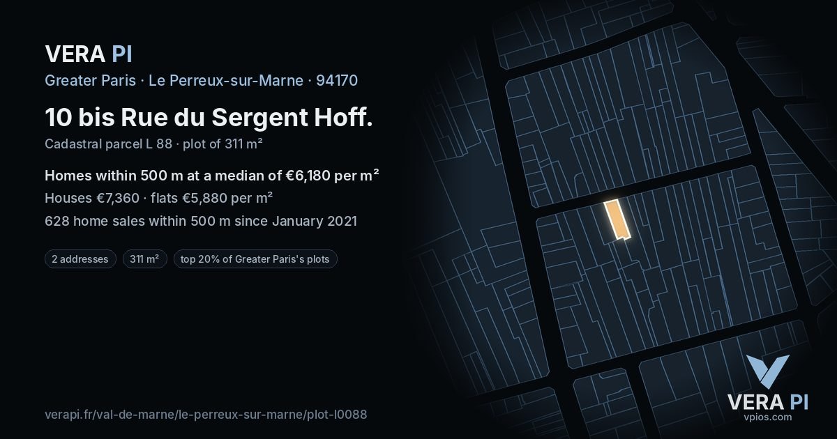 10 bis Rue du Sergent Hoff, Le Perreux-sur-Marne at night – the plot lit, the parcels around coloured by the prices near them