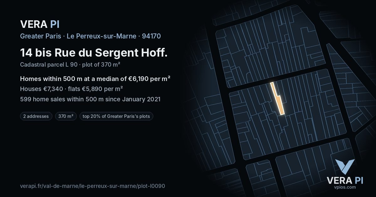 14 bis Rue du Sergent Hoff, Le Perreux-sur-Marne at night – the plot lit, the parcels around coloured by the prices near them