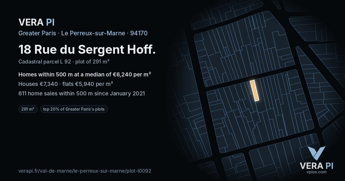 18 Rue du Sergent Hoff, Le Perreux-sur-Marne at night – the plot lit, the parcels around coloured by the prices near them
