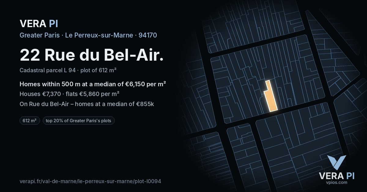 22 Rue du Bel-Air, Le Perreux-sur-Marne at night – the plot lit, the parcels around coloured by the prices near them