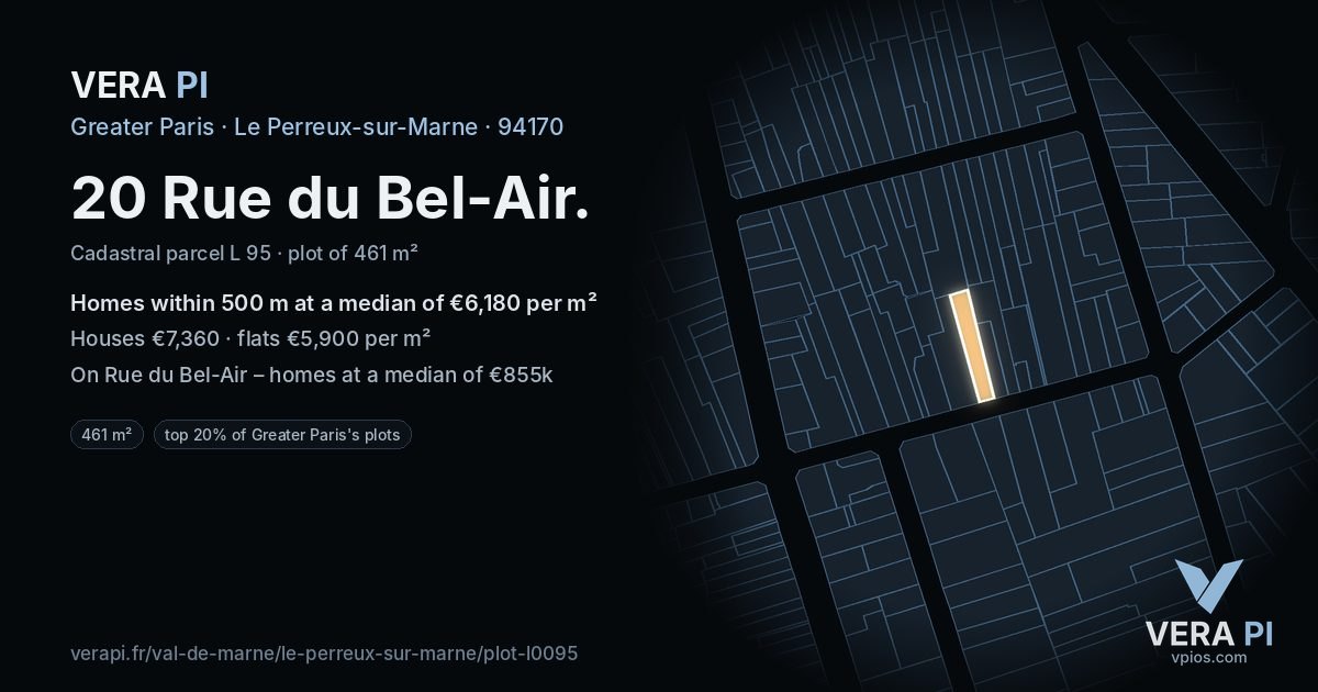 20 Rue du Bel-Air, Le Perreux-sur-Marne at night – the plot lit, the parcels around coloured by the prices near them